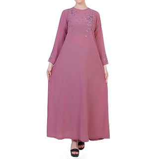 Dress abaya with floral Chikan Embroidery Work- Puce Pink